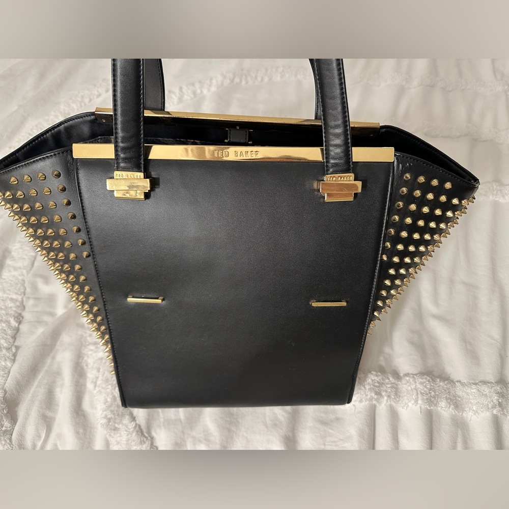Ted Baker Black Leather Gold Bar Studded Women's Convertible Shopper